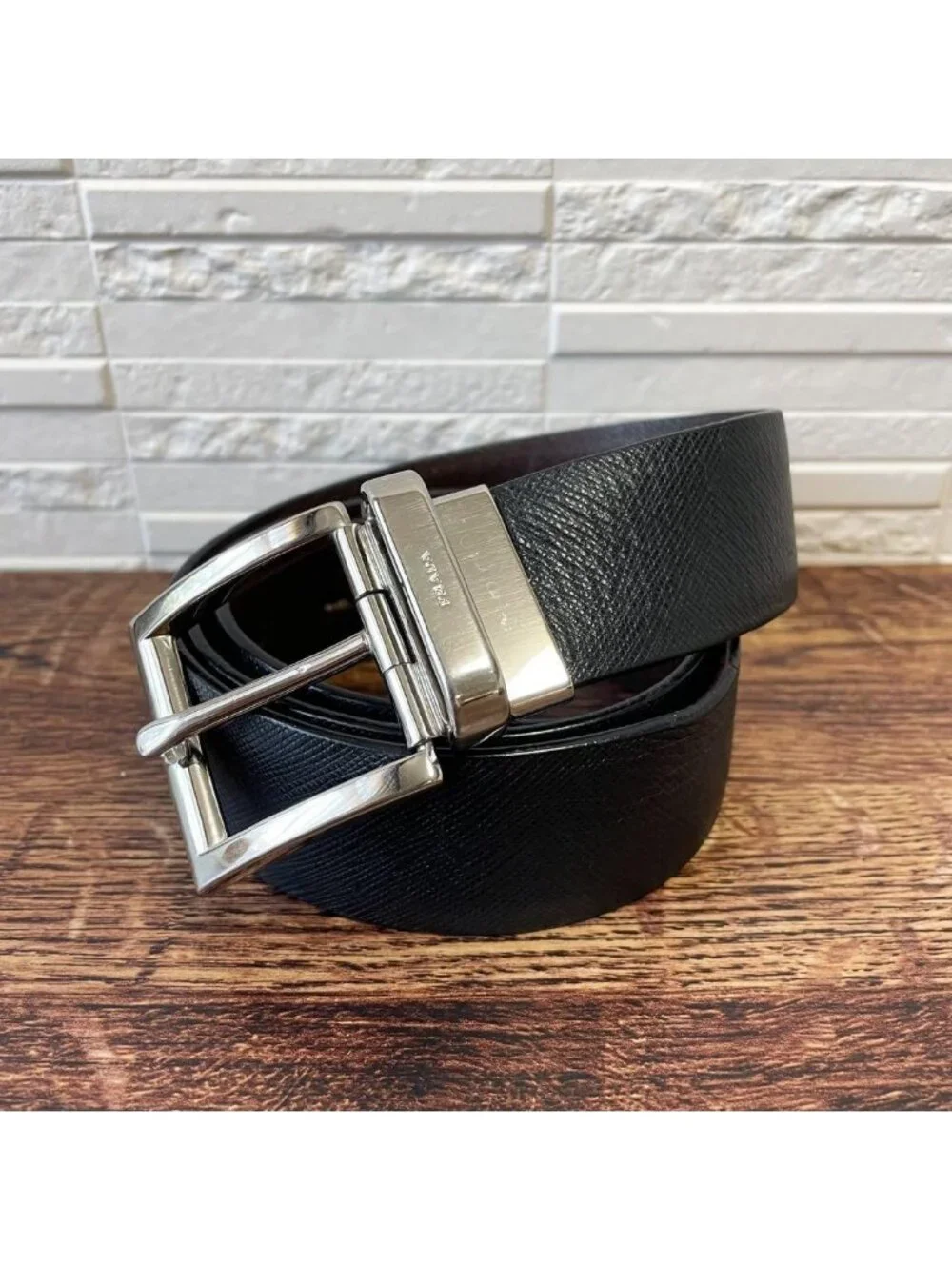 Prada Saffiano Leather Silver Buckle Belt Black